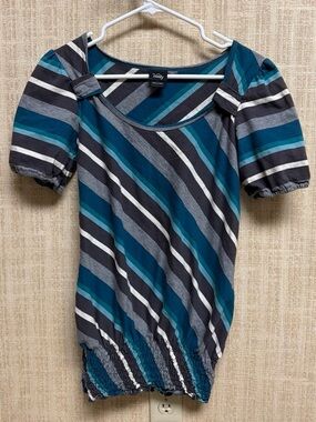 Vanity Teal, Gray & Black Striped Puff-Sleeve Top